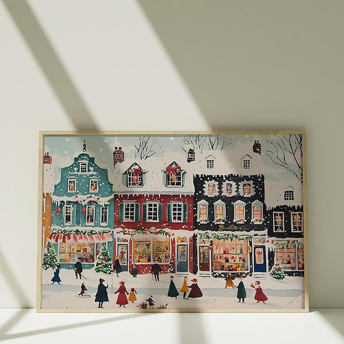 OZCONO Retro Snowy Town Christmas Art, Winter Farmhouse Holiday Decor, Vintage Village Seasonal Accent, Xmas Print, Cozy December Scene for Festive Home Styling (Unframed) (12x18)