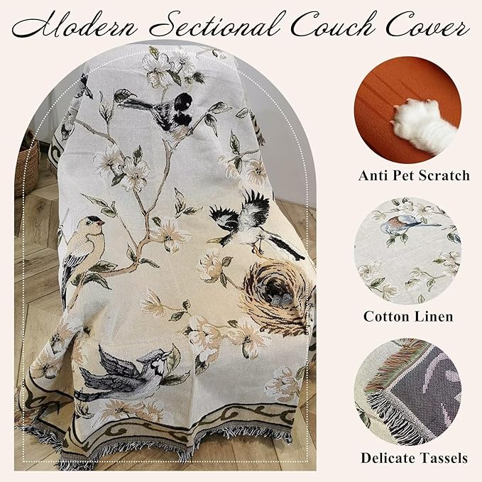 VClife Boho Beige Floral Birds Couch Cover Soft Thick Cotton Linen Farmhouse Sofa Cover for 3 Cushion Couch Sofa, Breathable Non-Slip Sectional Sofa Protector 1 PC Futon L Shpe Slipcover with Tassels