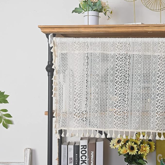 Sutuo Home Beige Boho Lace Short Curtain 36 inch Length for Kitchen Window Curtains Over Sink,Farmhouse Crochet Bohemian Valance Semi Sheer Vintage Chic Handmade Tassels, Rod Pocket,1 Panel 59" W