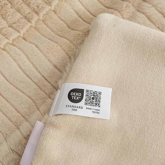 Amélie Home Luxury Striped Faux Fur Throw Blanket for Couch, Soft Cozy Fuzzy Fluffy Soft Plush Blankets Sofa Chair Gift Blankets for Women, 55"x70", Beige
