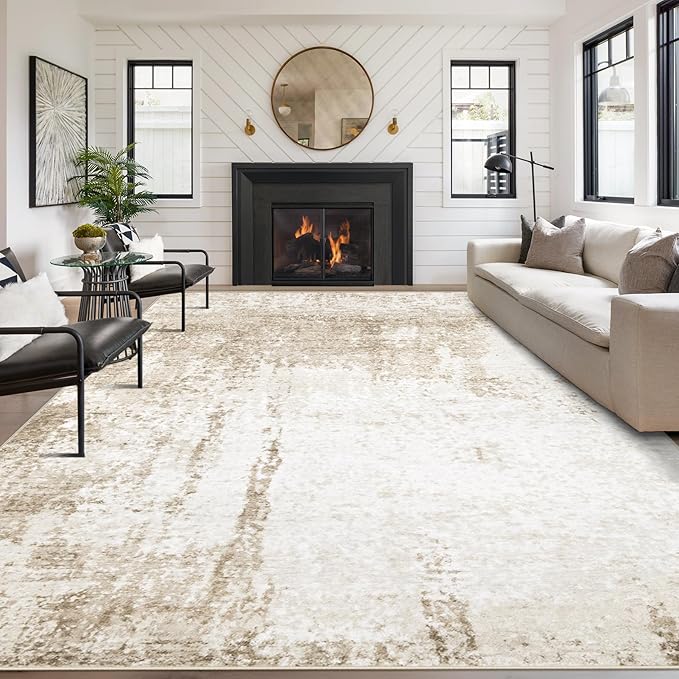 9x12 Area Rugs Washable Rug, Soft Modern Abstract Rugs for Living Room Large Low Pile Thin Rug Non Slip Indoor Neutral Carpet for Bedroom Dining Room Farmhouse Office Kids Playroom Beige