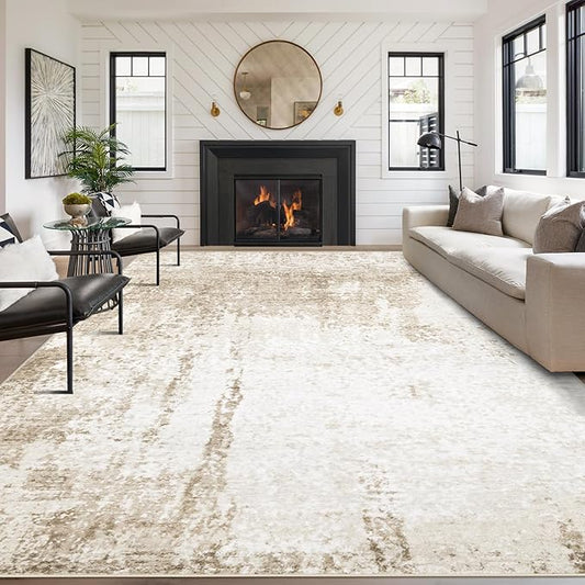 9x12 Area Rugs Washable Rug, Soft Modern Abstract Rugs for Living Room Large Low Pile Thin Rug Non Slip Indoor Neutral Carpet for Bedroom Dining Room Farmhouse Office Kids Playroom Beige