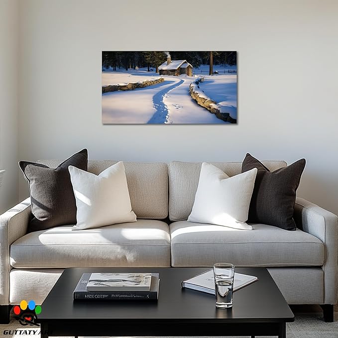 GUTTATY Christmas Winter Scene Canvas Wall Art, Snowy Cabin Pictures, Peaceful Winter Landscape Canvas Painting, Cozy Nature Wall Decor for Living Room, Bedroom, Offices, 40x20 Inch