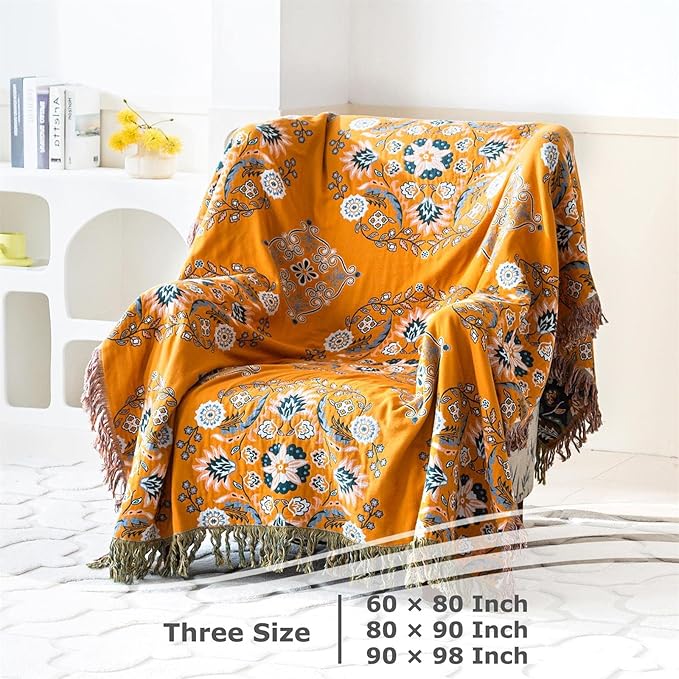 Boho Throw Blanket for Bed 100% Cotton Ultra Soft Rustic Quilt Fall Blanket Floral Printed Farmhouse Decor Bed Blankets,80"×90" All Season Rustic Throw for Sofa Couch Chair