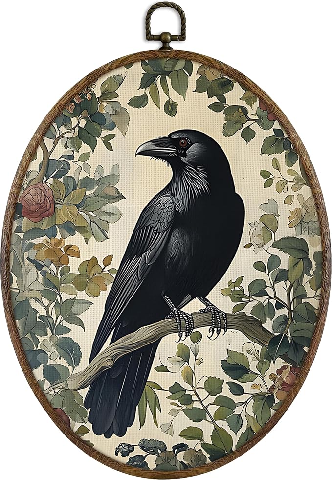 KFXHANGD Gothic Black Raven Crow Oval Wall Art Framed, Vintage Dark Academia Rustic Raven Botanical Canvas Wall Art Decor, Moody Crow Hanging Decor for Bedroom Living Room, 8.7x11.3 In