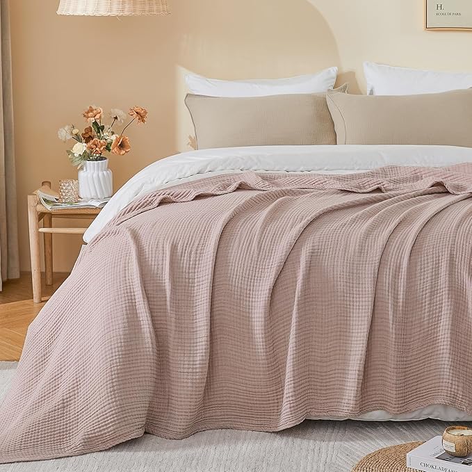 EMME Cotton Muslin Queen Blanket Bed Layering Bedspread Coverlet Breathable Gauze Soft Lightweight Blankets (Heather Dusty Pink, 90"x90")