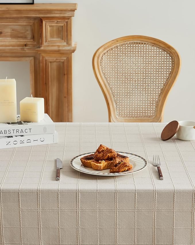 ZeeMart Linen Checked Table Cloth, Farmhouse Style Plaid Embroidered Neutral Tablecloth, Water Resistant Rectangle Table Cloth, Beige 60x120 Inches