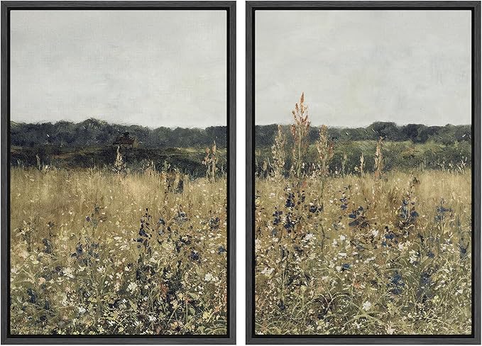 SIGNWIN Framed Canvas Print Wall Art Set Wildflower Meadow Under a Gentle Overcast Sky Illustration Modern Art Minimalism Decorative Nordic for Living Room, Bedroom, Office - 16"x24"x2 Black