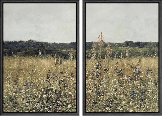 SIGNWIN Framed Canvas Print Wall Art Set Wildflower Meadow Under a Gentle Overcast Sky Illustration Modern Art Minimalism Decorative Nordic for Living Room, Bedroom, Office - 16"x24"x2 Black