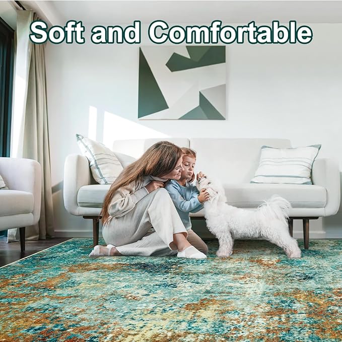 Washable Area Rugs for Living Room 8x10 - Large Neutral Modern Abstract Rug, Soft Low Pile Carpet with Non Slip Backing for Under Dining Room Table, Bedroom, Home, Office, Dorm - Teal Brick