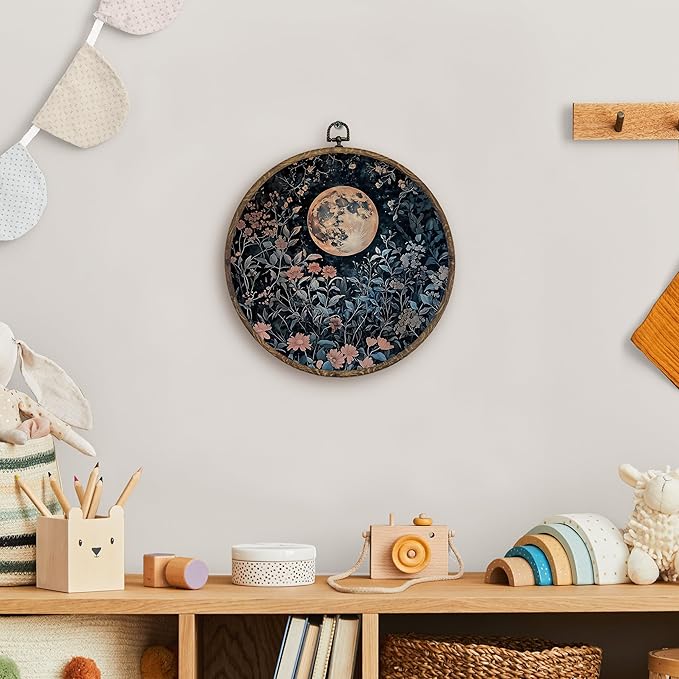 KFXHANGD Vintage Moon Flowers Round Wall Art Framed, Gothic Botanical Moon Canvas Wall Art Decor, Dark Academia Cottagecore Floral Pictures Hanging Decor for Bedroom Living Room Bathroom, 10x10inch