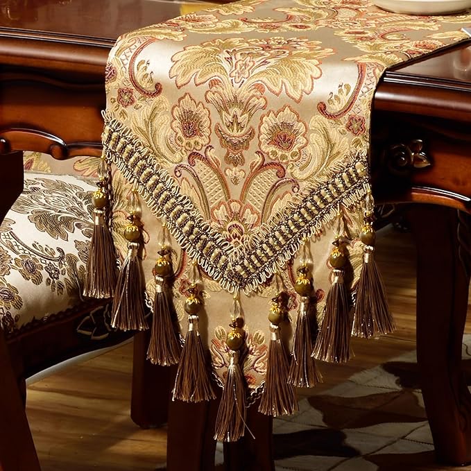 Extra Luxury Velvet Blue Table Runner 120 Inches Long with Vintage Damask Jacquard Design for Dining Room,Living Room,Home Decor,Elegant Beaded Tapestry (Dark Gold, 13×125 inch)