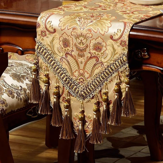 Extra Luxury Velvet Blue Table Runner 120 Inches Long with Vintage Damask Jacquard Design for Dining Room,Living Room,Home Decor,Elegant Beaded Tapestry (Dark Gold, 13×90 inch)