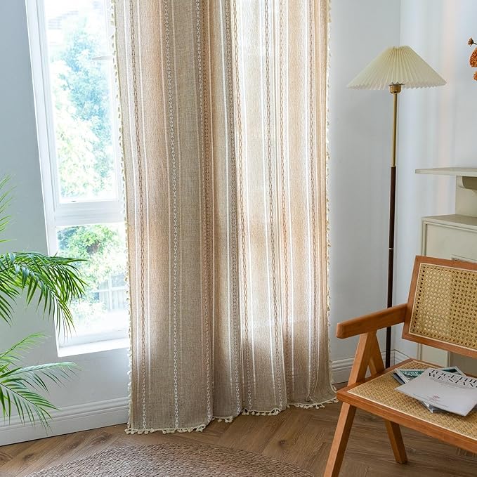 Sutuo Home Natural Boho Curtains 120 inch Extra Long for Bohemian Farmhouse House Decoration, Semi Blackout Window Treatment, Privacy Embroidery Drape for Bedroom Living Room, W52 x L120