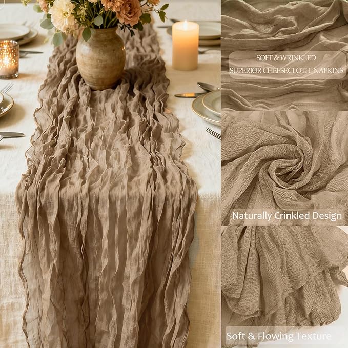 12 Pack Coffee Cheesecloth Table Runner 35 x 118 Inch Gauze Fabric Boho Table Runners for Wedding Arch, Rustic Bridal Shower, Baby Shower, Party Decorations, Farmhouse Home Decor