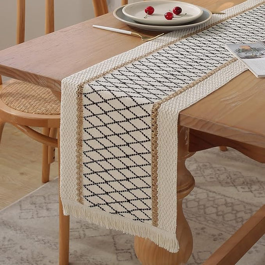 Boho Burlap Macrame Table Runner, Farmhouse Style Cotton Linen Rustic Woven Table Runner with Tassels for Dining, Wedding, Bridal Shower, Bohemian (12x108 inch, Black Grid)