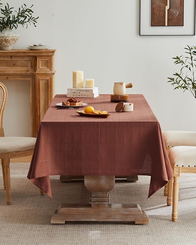 ZeeMart Linen Checked Table Cloth, Farmhouse Style Plaid Embroidered Rust Tablecloth, Water Resistant Square Table Cloth, Terracota 52x52 Inches
