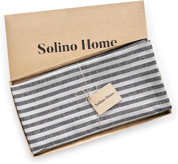 Solino Home Linen 60 Inch Round Tablecloth - Amalfi Stripe, 100% Pure Linen Black and White Round Tablecloth - Machine Washable Table Cloth for Fall, Autumn, Winter, Thanksgiving