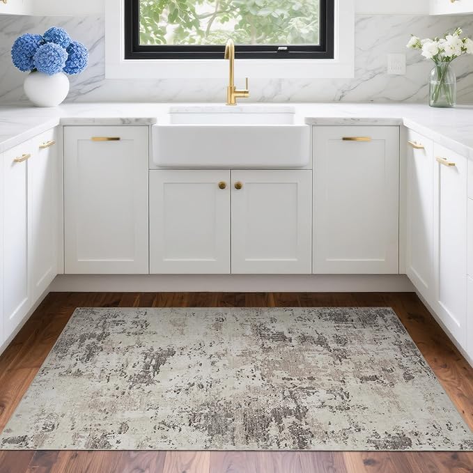 Modern Abstract 2x3 Area Rug Non Slip Non Shedding Low Pile Stain Resistant Rug for Entryway Kitchen Bedroom,Brown Grey
