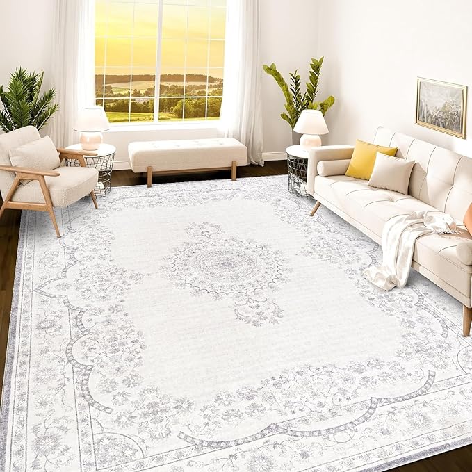 Istana Boho Area Rug - Grey/White Cream Carpet - Foldable 9x12 Washable Rug - Stain Resistant Rubber Backed Area Rugs -Large Area Rugs for Living Room 9x12 – Easy to Clean Gray Living Room Rugs
