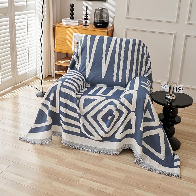 VClife Armchair Couch Cover Sofa Cover for 1 Cushion Couch Sofa, Non Slip Chair Couch Covers for Dog - Boho Armchair Sofa Cover Soft 1 Seat Sofa Furniture Protector with Tassel, Blue, 71"x71"