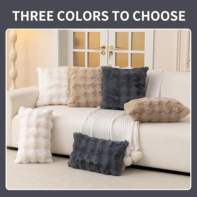 Faux Fur Throw Pillow Covers(Pack of Two, Dark Grey) 22×22 Inch Decorative Pillows Cover Neutral Soft Chenille Couch Pillows with Zipper Aesthetic for Living Room and Bedroom
