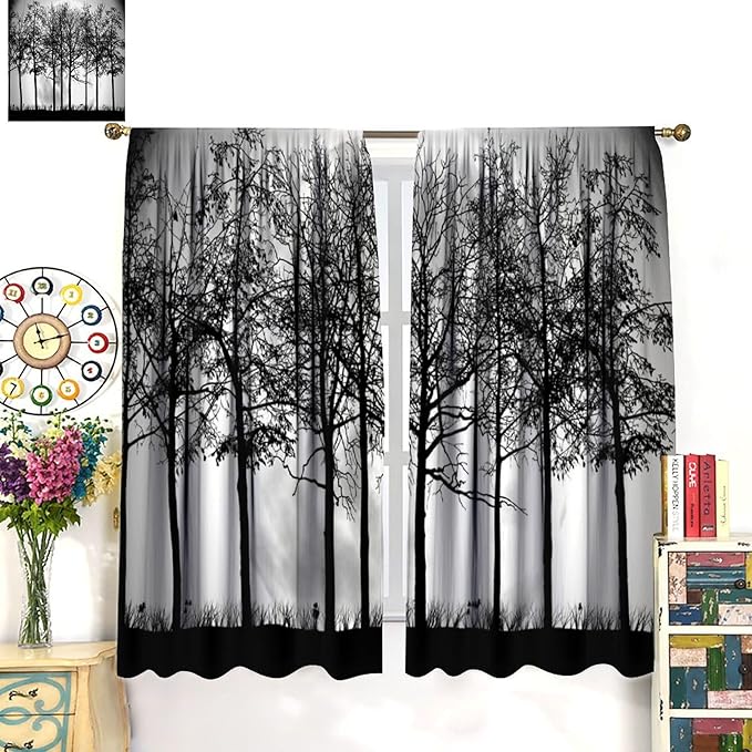 Gothic Forest Blackout Curtains, Black Tree Moon Spooky Foggy Mysterious Retro Window Drapes, for Living Room Bedroom 31.5(W)*72(L) 2 Panels