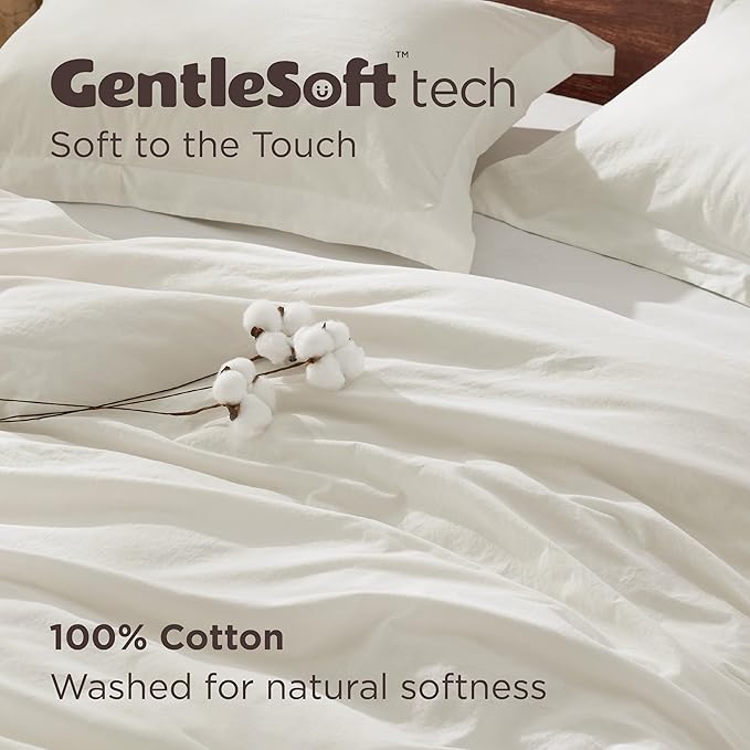 Bedsure 100% Washed Cotton Duvet Cover Full Size - Ivory Minimalist Cotton Duvet Cover Linen Like for All Seasons - GentleSoft™ Plain Simple Bedding, 3 Pieces (Ivory, Full, 80"x90")