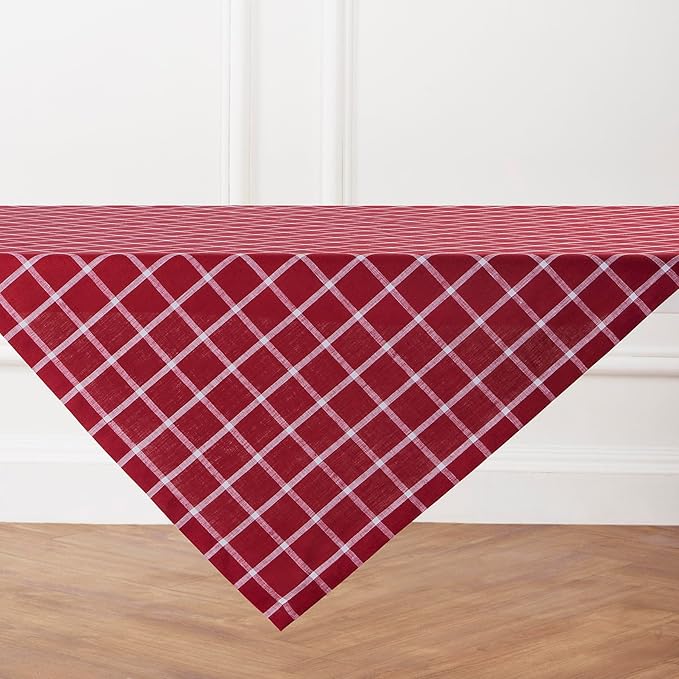 Solino Home Linen Tablecloth 52 x 52 Inch - 100% Pure Linen Windowpane Red Square Tablecloth for Christmas, Xmas - Machine Washable Table Throw