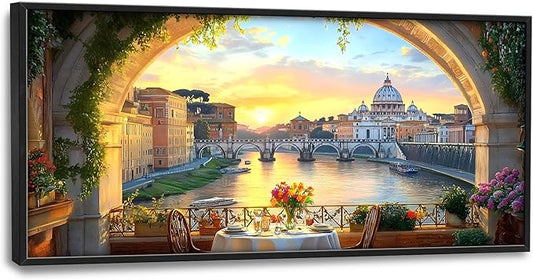 Tiber River in Rome Italy Large Wall Art Framed Wall Decor for Living Room, Cityscape Pictures Oversized Canvas Print Painting Modern Extra Large Framed Artwork for Bedroom Office Home Decor 60"x30"