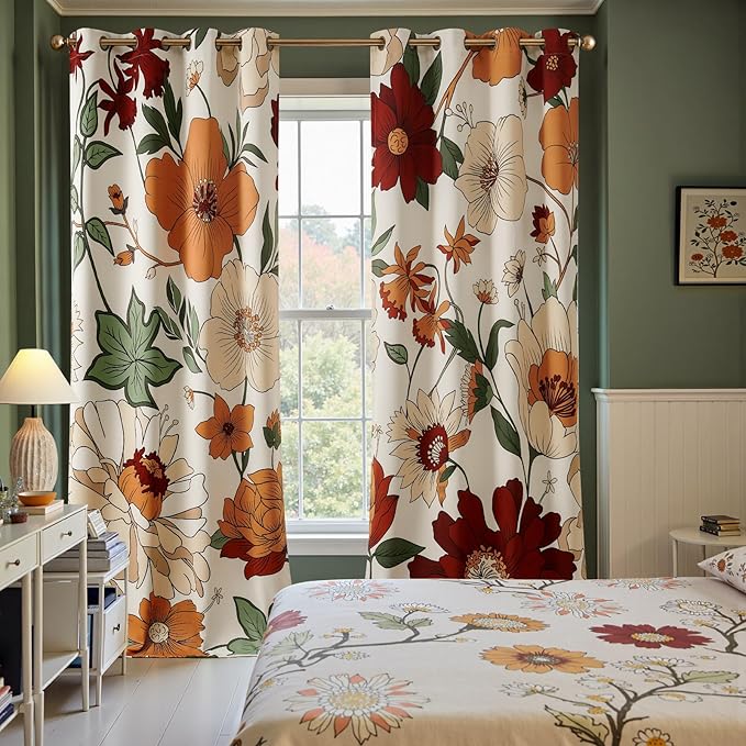 jinchan Lora Floral Curtains for Bedroom Blackout Drapes Room Darkening Window Drapes Fall Decor Winter Vintage Flower Patterned Curtains for Living Room 108 Inches Length 2 Panels with Grommet Beige