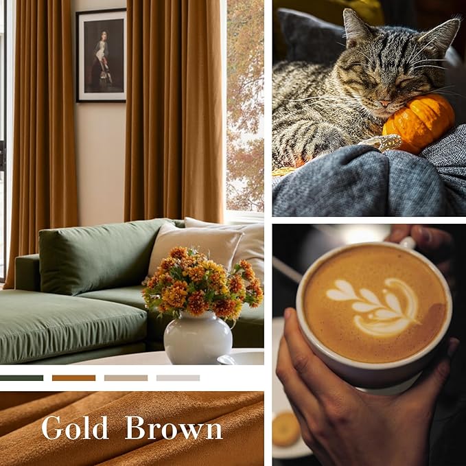 Lazzzy Velvet Blackout Curtains Thermal Insulated Room Window Drapes Super Soft Luxury Curtains for Living Room Bedroom Rod Pocket 2 Panels, Gold Brown, 52" W x 72" L