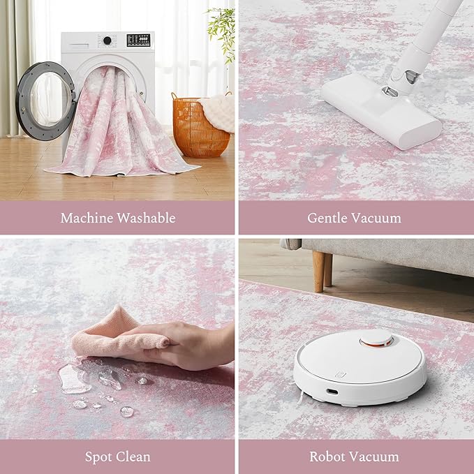 Rugflix 8x10 Area Rugs for Living Room, Washable Large Rug Stain-Resistant Low Pile, Modern Carpet for Dining Room Home Office Kid Room Nursery Bedroom, Pink Grey