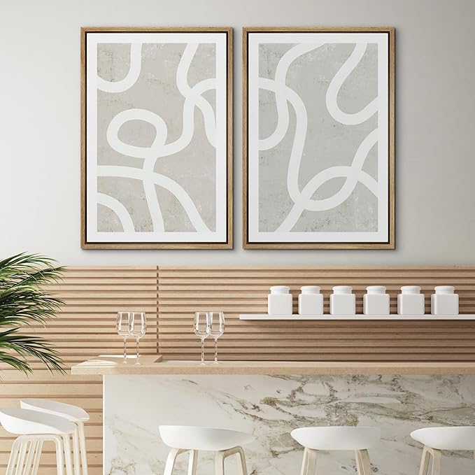 SIGNWIN Framed Canvas Print Wall Art Set Pastel White Swirl Pattern Collage Abstract Shapes Illustrations Modern Art Minimal Boho Calm for Living Room, Bedroom, Office - 24"x36"x2 Natural