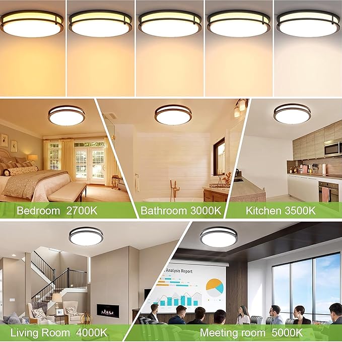 16 inch Dimmable LED Flush Mount Ceiling Light, Oil Rubbed Bronze, 36W, 2200LM, 2.7/3/3.5/4K/5K Adjustbale, 120°Light Angle, CRI80, Ceiling Lamp for Bedroom, Kitchen, Office, Garage, ETL Listed