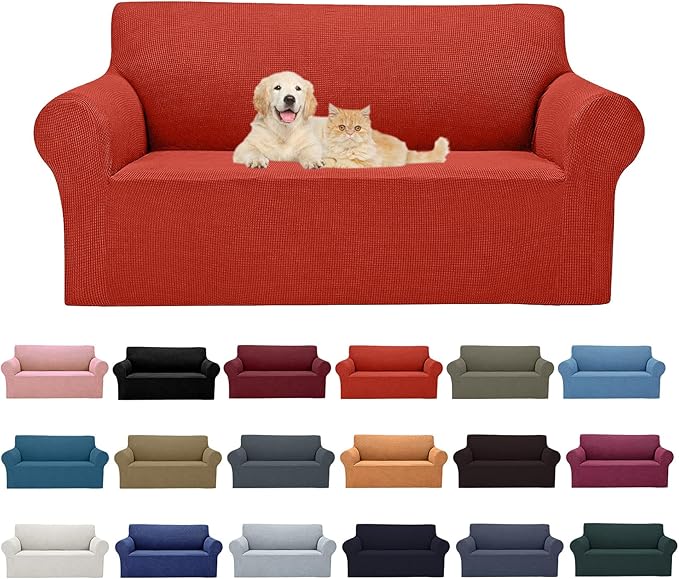 Cupuamon 2025 New Stretch Loveseat Sofa Slipcovers Couch Cover for 2 Cushion Furniture Protector Sofa Covers with Elastic Bottom Jacquard Fabric Small Checks for Pets, Kids - Pureed Pumpkin