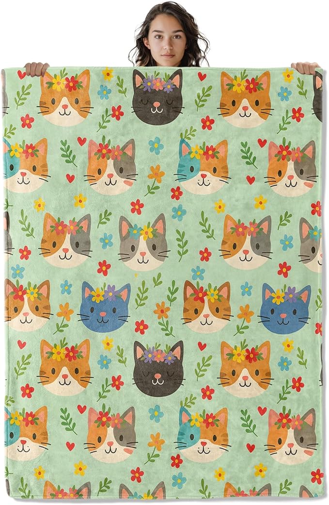 Charming Cat Blanket, Cute Kitten and Colorful Floral 50 x 40 Inch Flannel Throw Blanket, Gifts for Women Kids, Lightweight Cozy Warm Blankets for Sofa Travel Home Decor