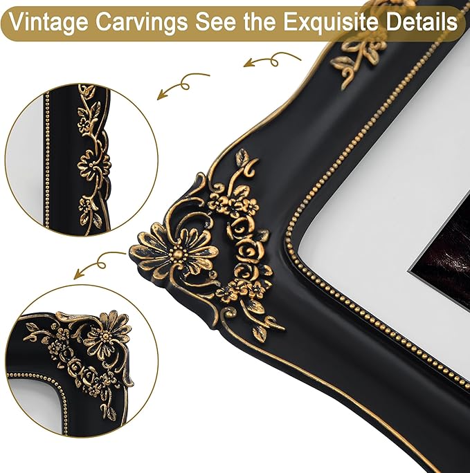 11x14 Vintage Picture Frame Black Baroque Gothic Picture Frames Antique Ornate Victorian for Wall Display, Fits 11x14 or 8x10 Photo with Mat