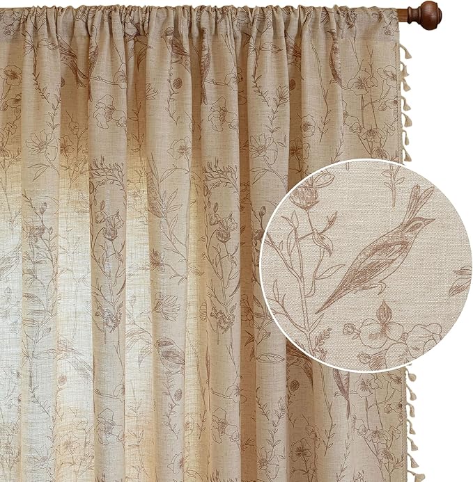 OYX Boho Curtains, Floral Curtains Beige with Garden Birds, Farmhouse Birds Drapes 63 Inches Length Semi Sheer, Rod Pocket Vintage French Country Window Curtain Set 2 Panels for Kitchen, Bedrooms