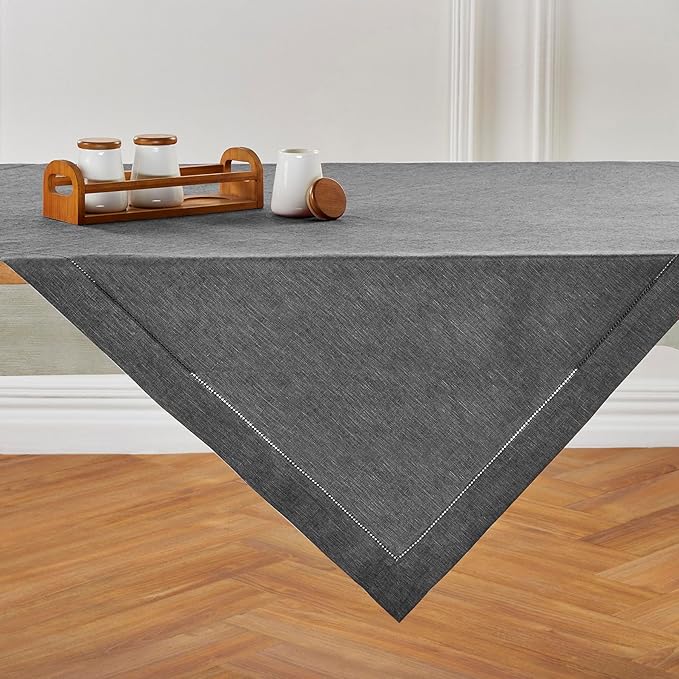 Solino Home Linen Tablecloth 52 x 52 Inch - 100% Pure Linen Charcoal Grey Square Tablecloth - Milan Hemstitch, Machine Washable Table Throw for Fall, Autumn, Winter, Thanksgiving, Christmas