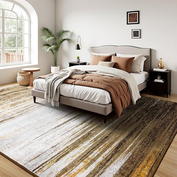 Rugflix 8x10 Large Area Rug for Living Room, Washable Low Pile Carpet Non Slip, Soft Stain Resistant Indoor Rug for Bedroom, Dining Room, Home Office, Gold Blown