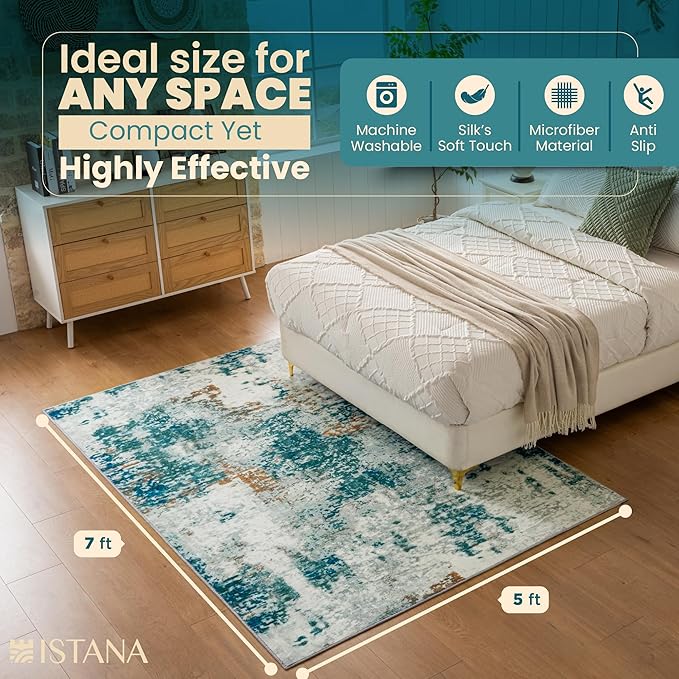 Istana 5x7 Area Rug - Green Rugs for Living Room 5x7 - Foldable Rugs for Bedroom - Stain Resistant Washable Rug - Eco-Friendly Boho Area Rugs - Easy to Clean Living Room Rug