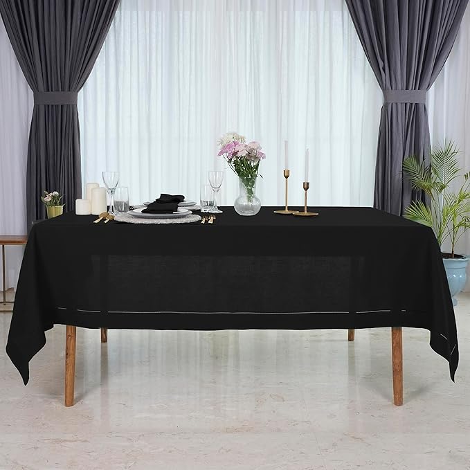 D'Moksha Homes Black Linen Tablecloth for Rectangle Tables 60 x 102 Inch - Classic Hemstitch 100% Pure Linen Black Table Cloth - Machine Washable Dining Tablecloth for Thanksgiving, Holiday