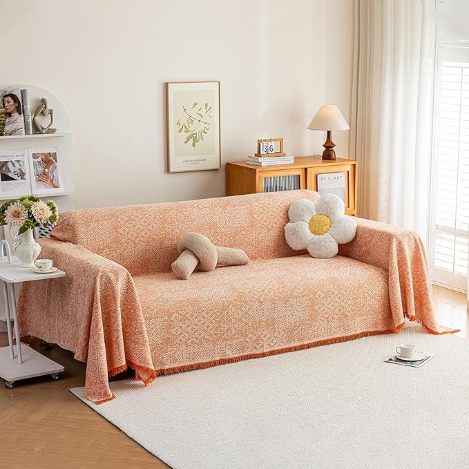 ROOMLIFE Orange Couch Cover Boho Sofa Covers for 3 Cushion Couch Washable, Furniture Protector Sofa Couch Cover for Dogs, Soft Breathable Sofa Slipcover, Couch Throw Blankets with Tassels 71''X118''