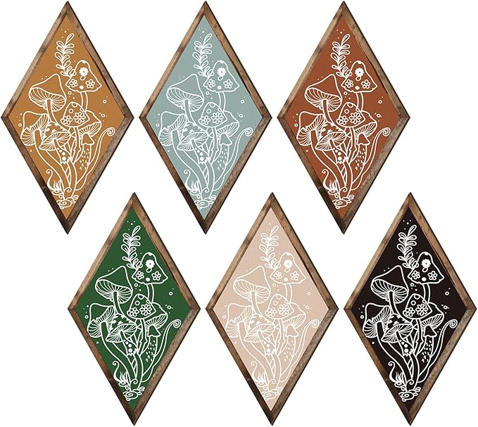 Nuenen 6 Pcs Farmhouse Home Wall Decor Western Geometric Diamond Frame Wall Hanging Boho Modern Abstract Art Prints Wooden Diamond Sign Decorations for Bedroom Living Room Bathroom(Mushroom)