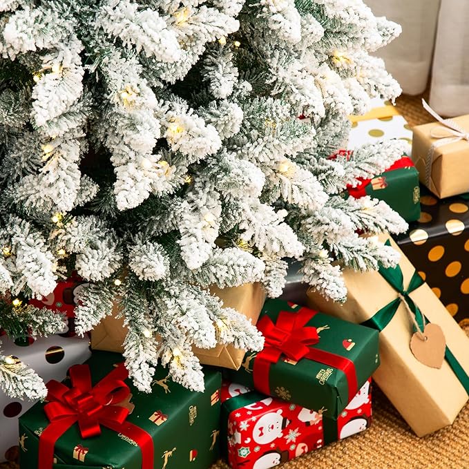 Glitzhome 9ft Prelit Christmas Tree, Snow Flocked Christmas Trees with 600 Warm White Lights, Pencil Christmas Tree Snowy Splendor Fir Artificial Tree w/1860 Branch Tips and Foldable Metal Stand
