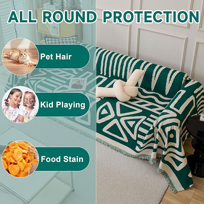 VClife Boho Couch Cover Thick Soft Chenille Sofa Covers for Sectional Couch, Bohemian Couch Covers for 3 Cushion Couch Sofa Washable Multi-Functional Furniture Protector, Dark Green, 71''x150''