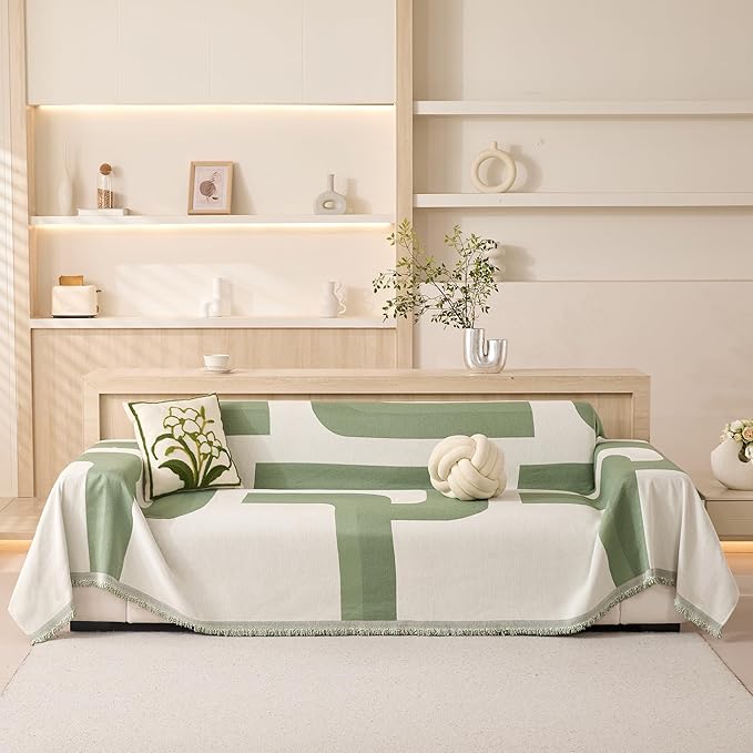 MEETSKY Green Couch Cover for Dogs Sofa Covers for Cushion Couch Sofa Chenille Sofa Slipcover Couch Covers for Sectional l Shaped Couch Pets Protector Furniture Covers, 91" x 134", Sage Geometry