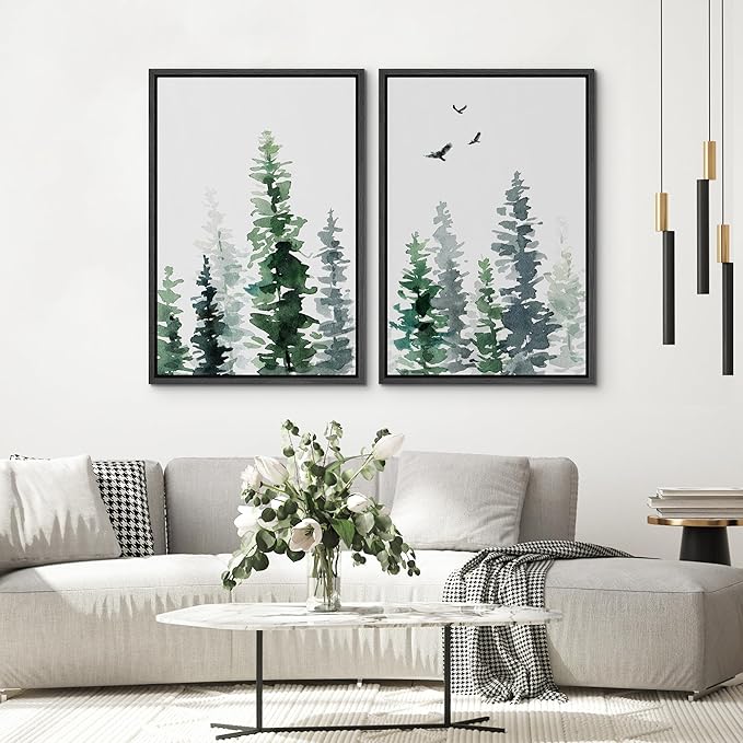 SIGNWIN Framed Wall Art Print Set Watercolor Green & Gray Forest and Birds Nature Wilderness Illustrations Modern Art Rustic Relax/Calm Multicolor for Living Room, Bedroom, Office - 24"x36"x2 Black