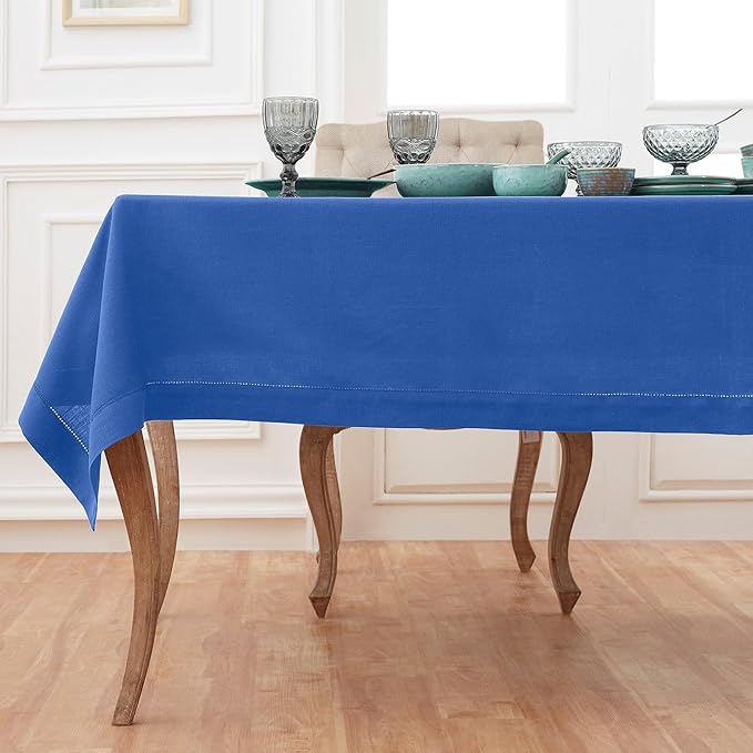 Solino Home Royal Blue Linen Tablecloth 60 x 90 Inch - 100% Pure Linen Hemstitch Table Cloth for Rectangle Tables - Classic Hemstitch, Machine Washable Tablecloth